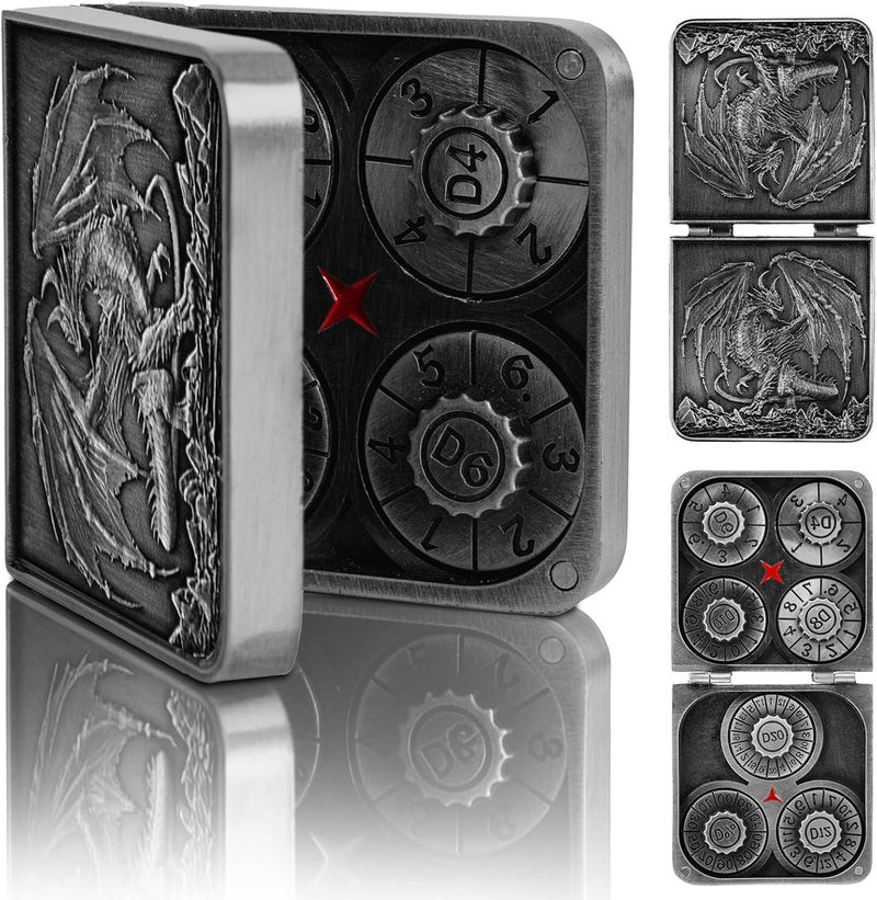 Luazuri Store 7-in-1 DND Pocket Spinner Dice Set, Foldable Flip Dice with Delicate Dragon Iron Box, Compact Dice Set for DND Role-Playing Games Fans (Silver) - Image 1